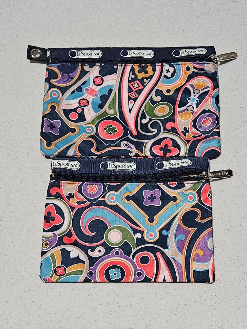 LeSportsac Set of 2 Matching Navy Paisley Zip Pouches